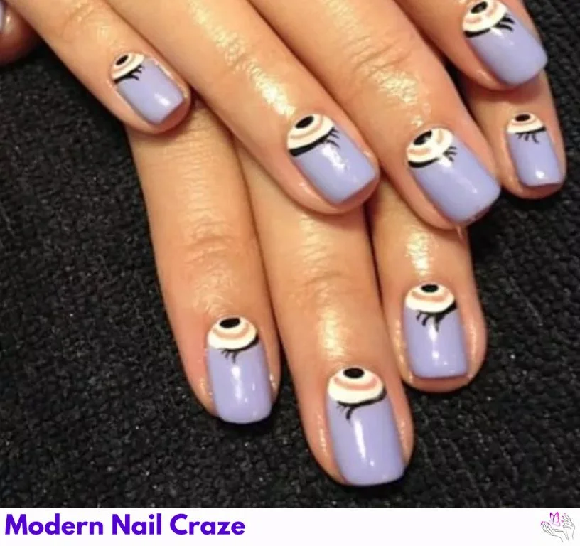 Periwinkle manicure with eye half-moon nail design