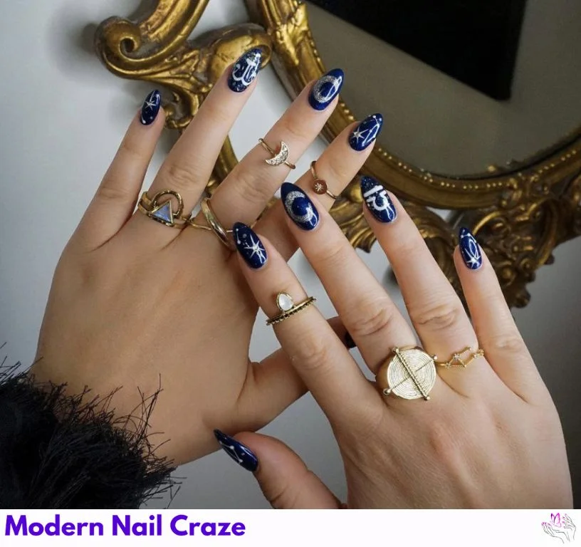 Balanced pink and blue nails for Libra season with gem accents