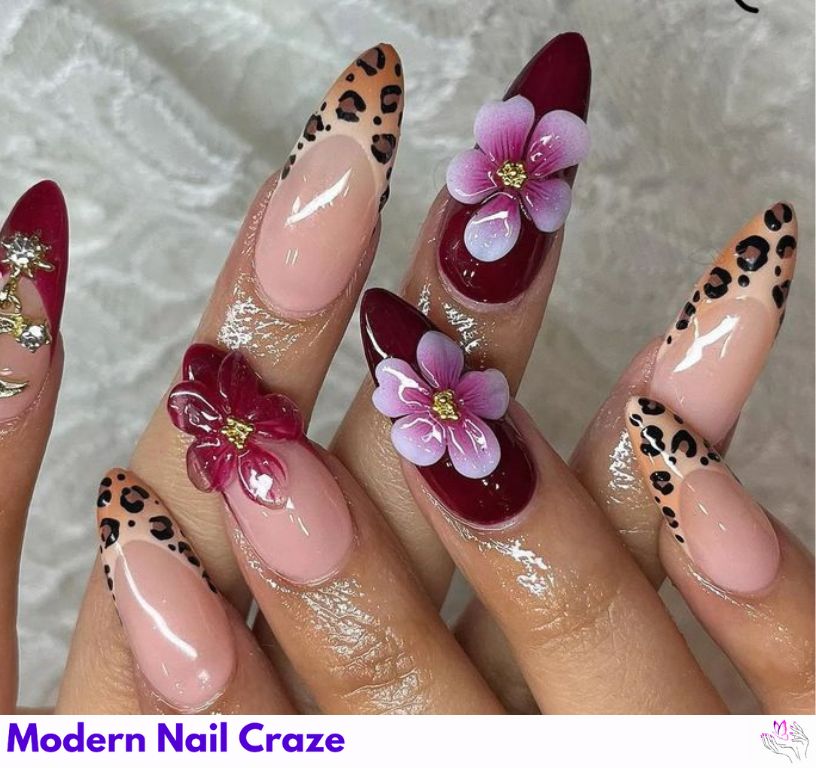 Leopard print nail art combined with floral accents on a natural-inspired manicure