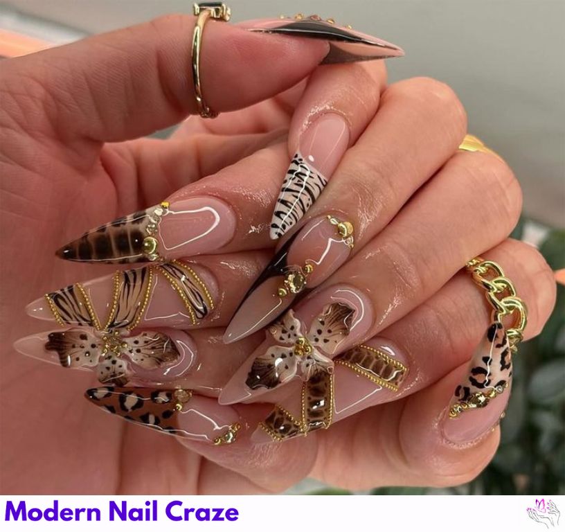 Animal print nails using brown polish as a subtle, earthy base that complements wild designs without overpowering them.
