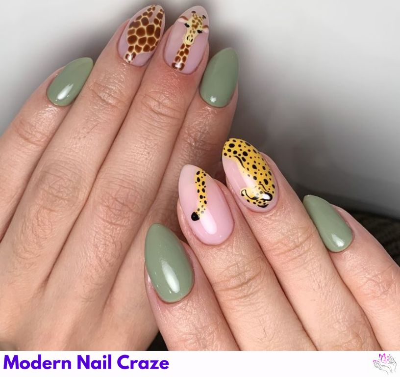 Glossy almond-shaped Safari nails in Serengeti and Jambo shades with gold accents, styled for bold late-night party glam.