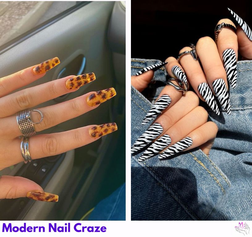 Model showcasing Safari Nail Designs with animal print gel nails and earthy tones