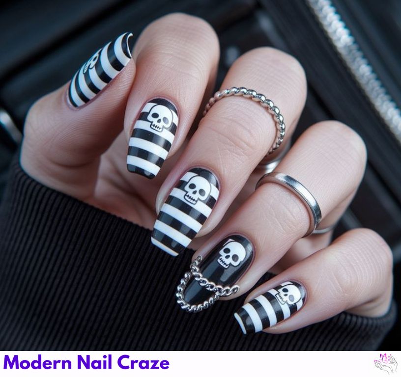 Safari-inspired black and white zebra nail designs with bold striping, styled for timeless contrast and seasonal versatility.