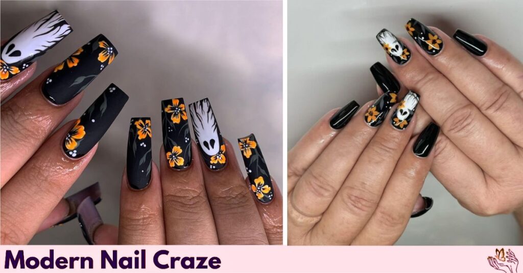 Black Halloween Nails with Ghost and Floral Design