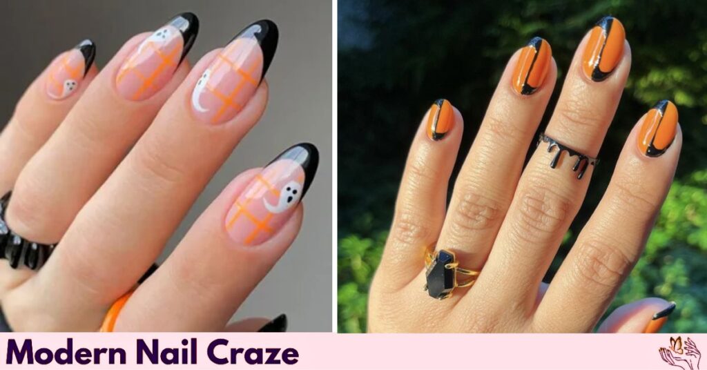 Bold Halloween Almond Nails with Black French Tips