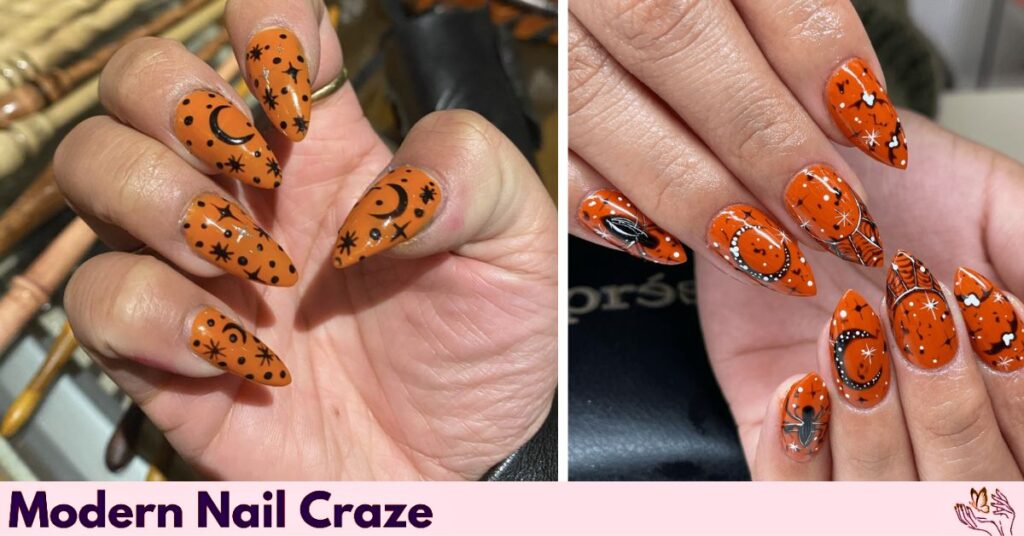 Celestial Halloween Nails with Orange and Black Patterns