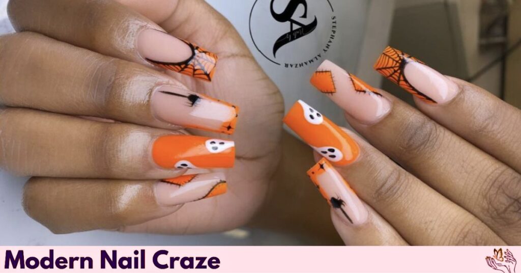 Festive Halloween Nails with Ghosts and Spider Webs