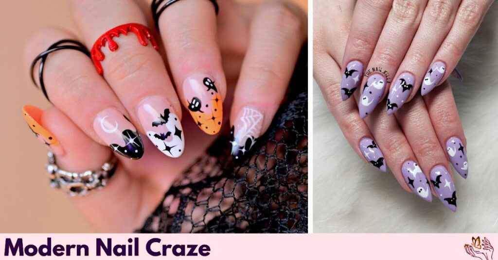 Fun Halloween Nails with Ghosts and Bats