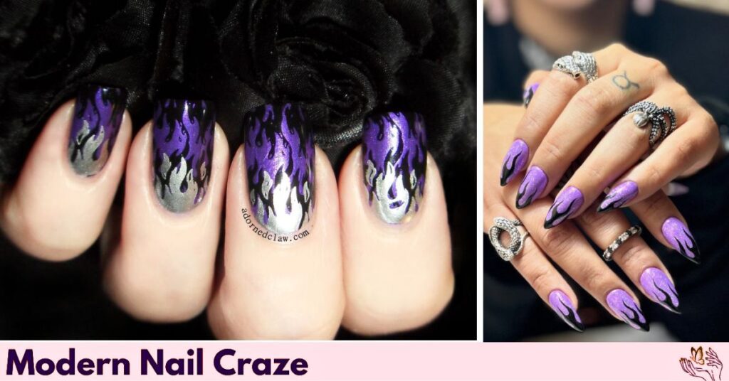 Glittering Purple Flames Nail Art