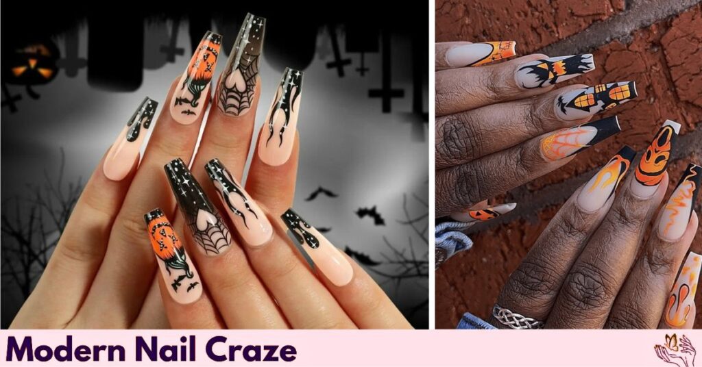Halloween Nail Art with Haunted Houses and Flames