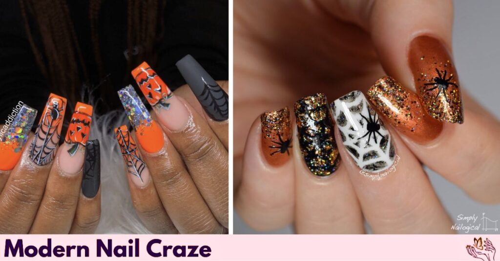 Halloween Nails with Glitter and Spider Webs