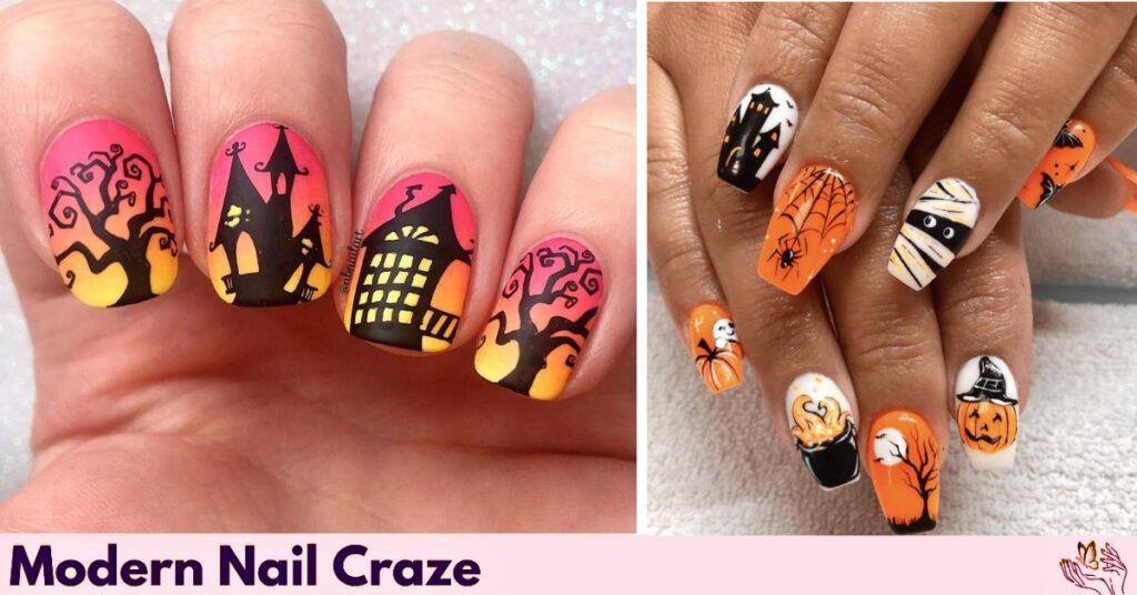 Halloween Nails with Haunted House and Mummy Designs
