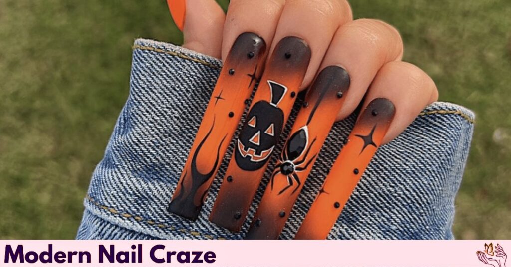 Halloween Nails with Jack-O’-Lantern and Spider Designs