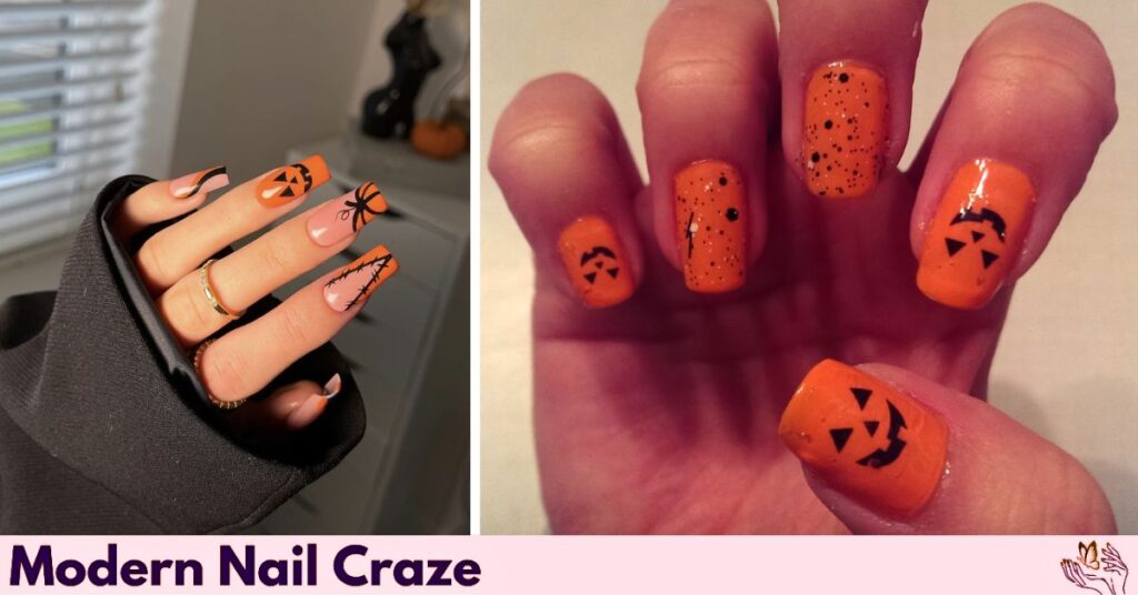 Halloween Nails with Jack-O’-Lanterns and Stitched Patterns