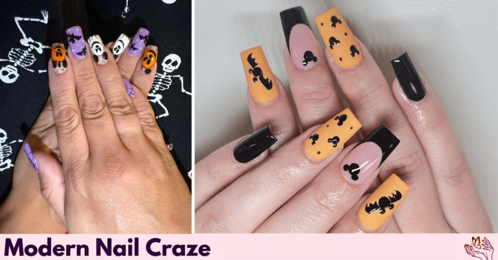 Halloween Nails with Mickey Mouse and Bat Silhouette