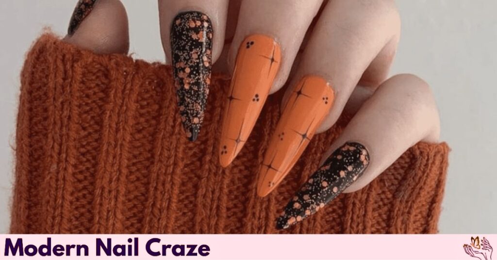 Halloween Nails with Splatter and Stitched Patterns