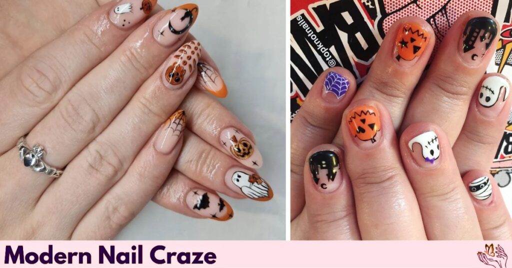 Playful Halloween Nail Art with Ghosts and Pumpkins