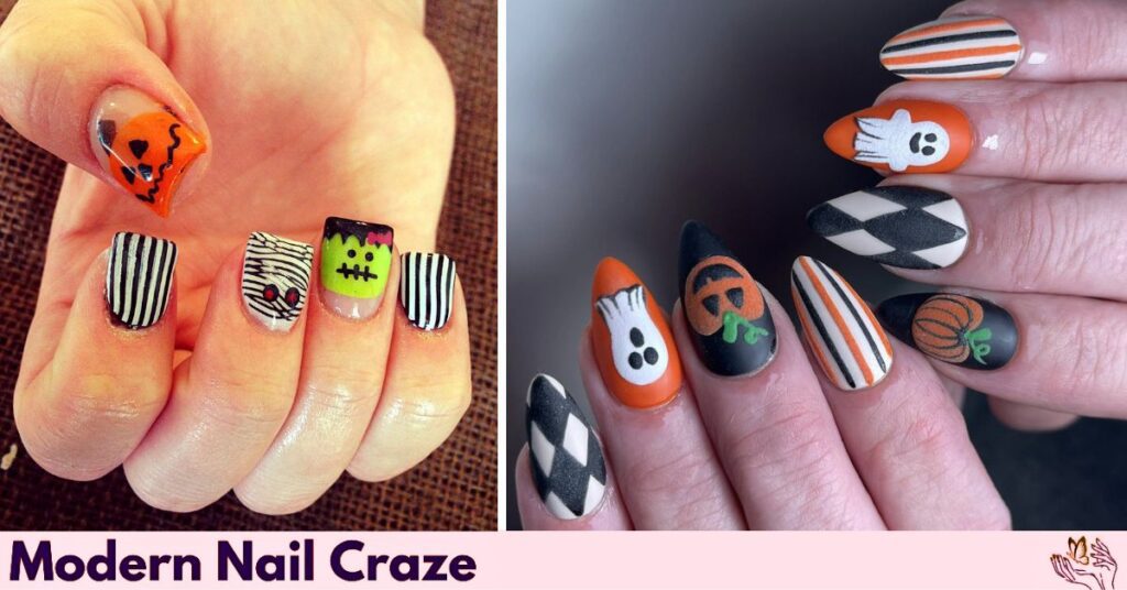 Playful Halloween Nails with Stripes and Ghosts