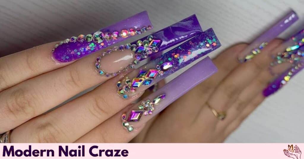 Purple Flame Rhinestone Nails