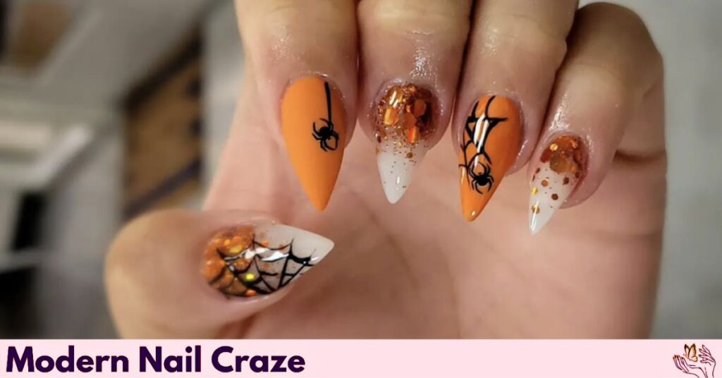 Spooky Halloween Nails with Glitter and Spider Webs