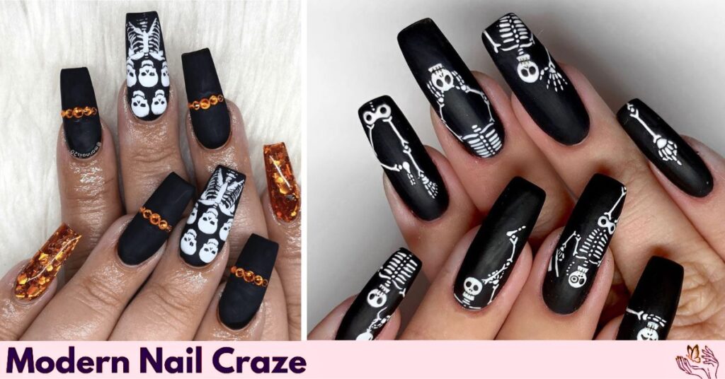 Spooky Matte Black Nails with Skull and Skeleton Designs