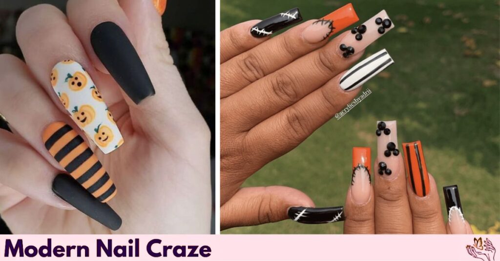 Stylish Halloween Nails with Stripes and Stitching